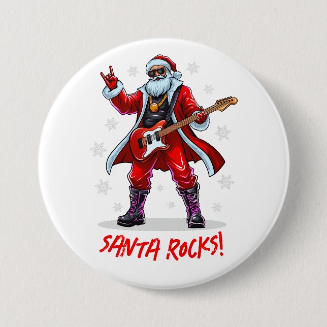 Santa Rocks! Funny Santa Claus playing guitar Button (Front)