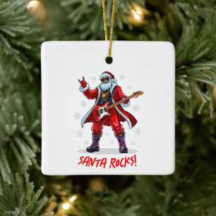 Santa Rocks! Funny Santa Claus playing guitar Ceramic Ornament