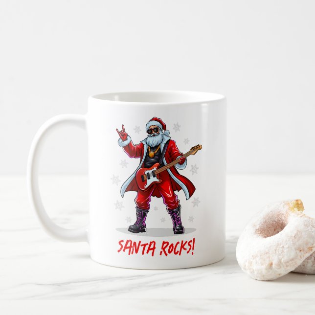 Santa Rocks! Funny Santa Claus playing guitar Coffee Mug (With Donut)