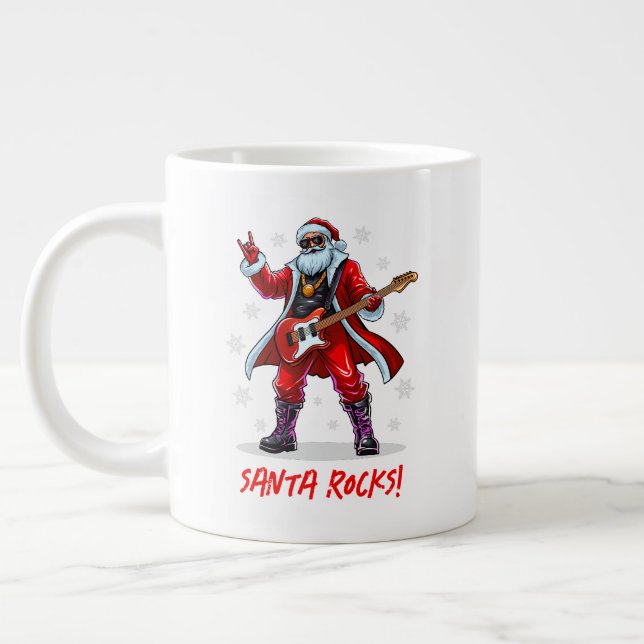 Santa Rocks! Funny Santa Claus playing guitar Giant Coffee Mug (Left)