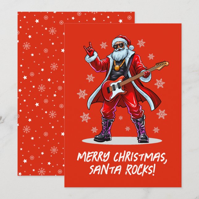 Santa Rocks! Funny Santa Claus playing guitar Holiday Card (Front/Back)