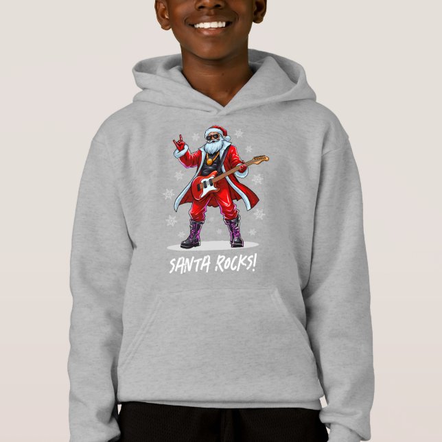 Santa Rocks! Funny Santa Claus playing guitar Hoodie (Front)