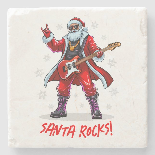 Santa Rocks! Funny Santa Claus playing guitar Stone Coaster (Front)