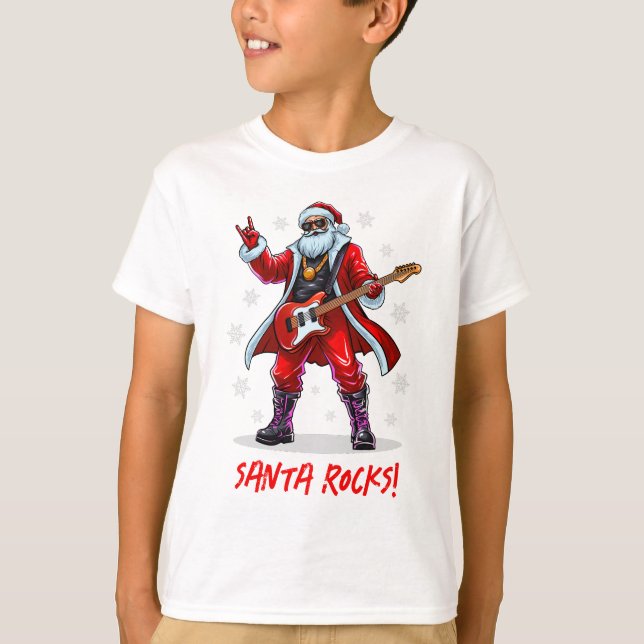 Santa Rocks! Funny Santa Claus playing guitar T-Shirt (Front)