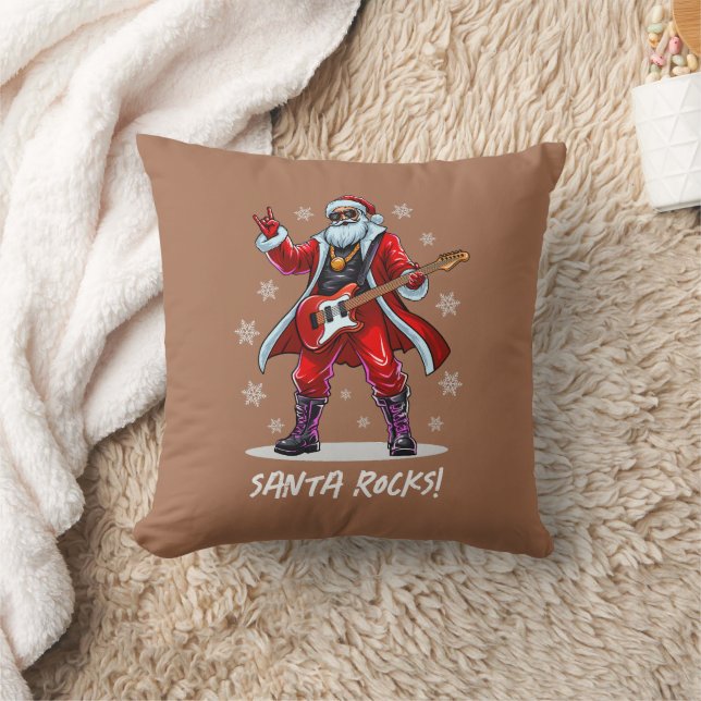 Santa Rocks! Funny Santa Claus playing guitar Throw Pillow (Blanket)