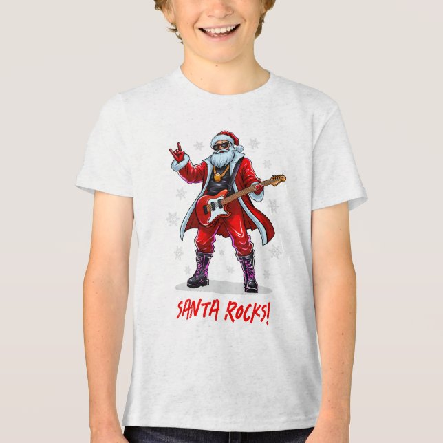 Santa Rocks! Funny Santa Claus playing guitar Tri-Blend Shirt (Front)