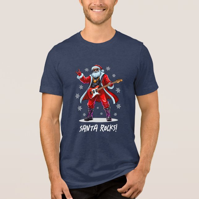 Santa Rocks! Funny Santa Claus playing guitar Tri-Blend Shirt (Front)
