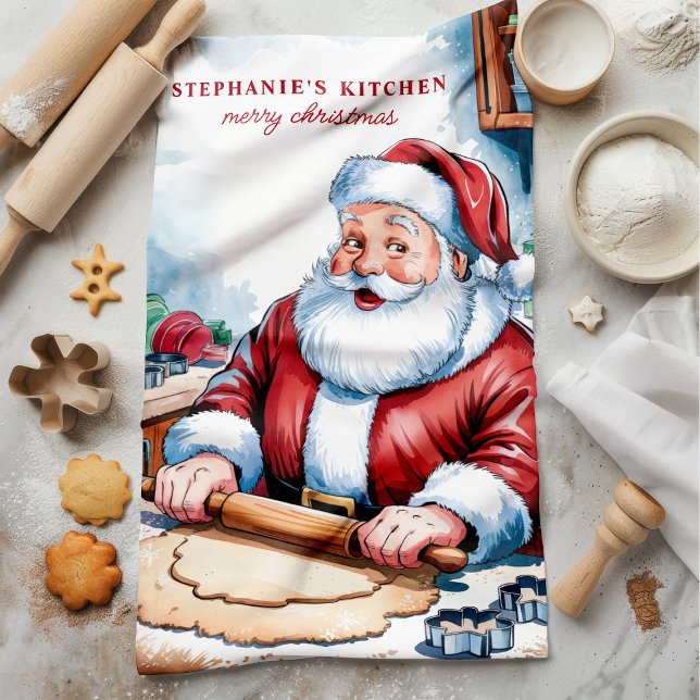 Santa Rolling Dough Personalized Christmas Kitchen Towel (Creator Uploaded)