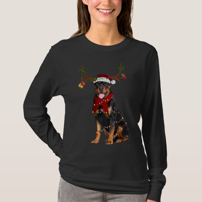 Santa Rottweiler reindeer Light Christmas T-Shirt (Front)