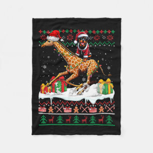 Santa Rottweiler Riding Giraffe Christmas Sweater  Fleece Blanket