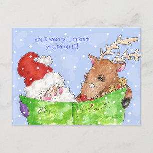 santa, rudolf and the list holiday postcard
