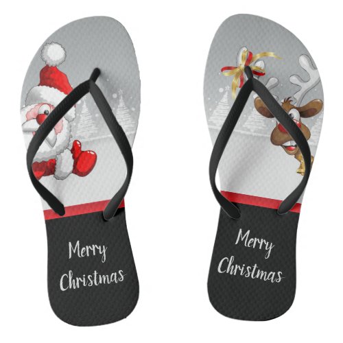 Santa Rudolf Cartoon Merry Christmas Flip Flops