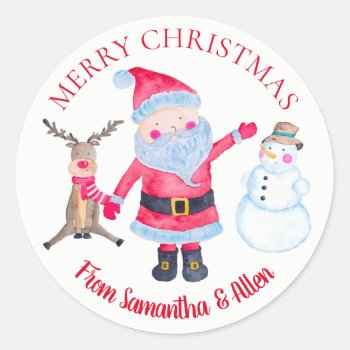 Santa Rudolf Snowman Personalized Classic Round Sticker by DesignsActual at Zazzle