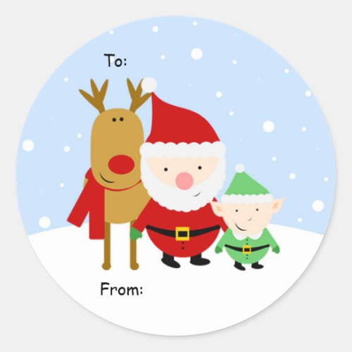 Santa Rudolph and Elf Christmas Tag To From Classic Round Sticker
