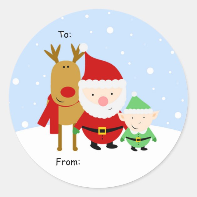 Santa, Rudolph And Elf Christmas Tag, To: From: Classic Round Sticker