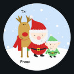 Santa, Rudolph and Elf Christmas Tag, To: From: Classic Round Sticker<br><div class="desc">How sweet is this? Santa,  rudolph and one of his little helpers pose so nicely for just this sticker. Add this adorable tag to all your gifts. It's easy... just sign,  peel and stick. Makes the gift that more fun to open.</div>