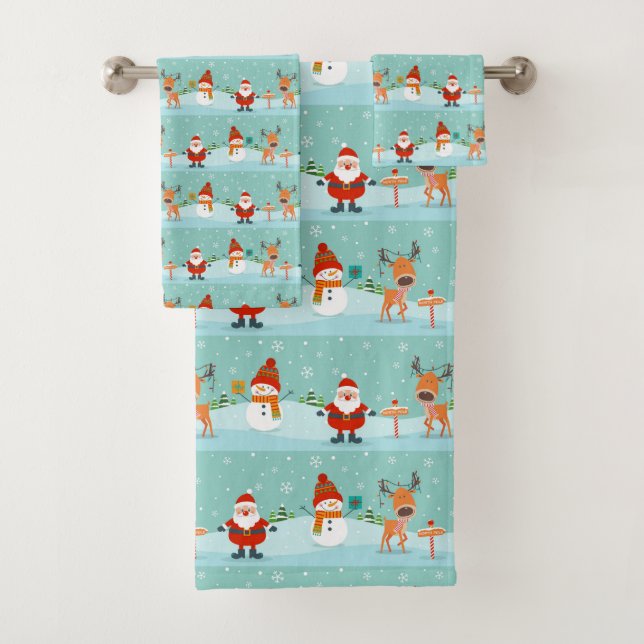 Santa, Rudolph and Snowman Bath Towel Set (Insitu)