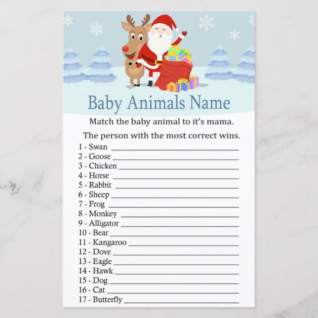 Santa, Rudolph Baby Animals Name Game baby shower (Front)
