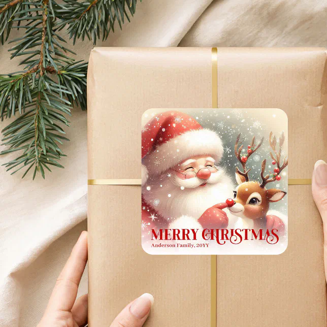 Santa Rudolph Custom Name Merry Christmas Gift Square Sticker | Zazzle