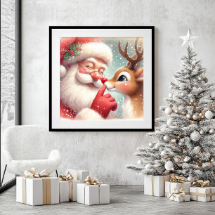 Santa Rudolph Cute Christmas Cartoon Wall Print