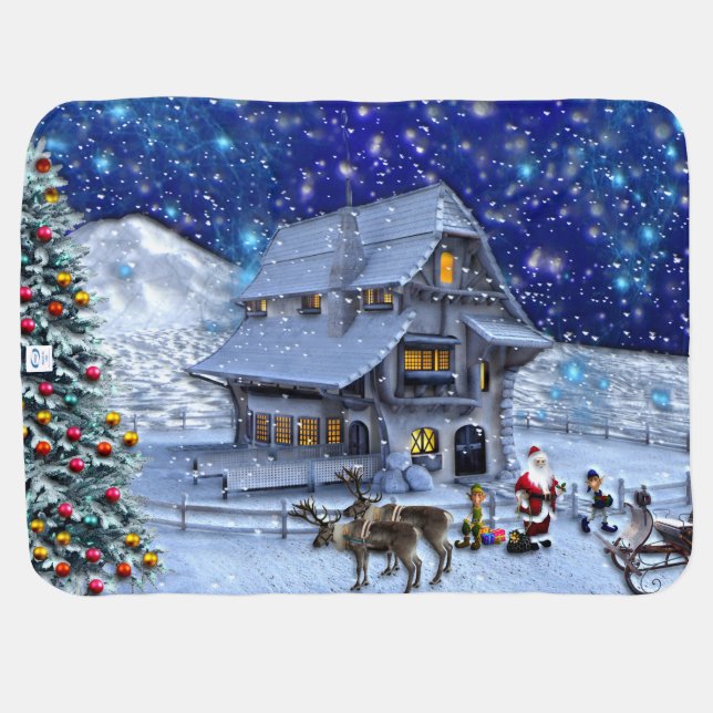 Santa Rudolph Elf with Sled Baby Blanket (Back Horizontal)