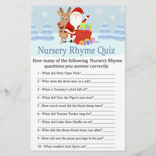 Santa Rudolph Nursery Rhyme Quiz baby shower game