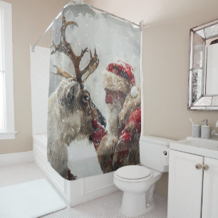 Santa Rudolph Snowing Winter Scene  Shower Curtain