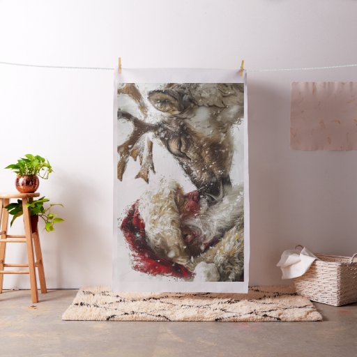 Santa & Rudolph Touching Noses in the Snow  Fabric