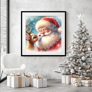 Santa Rudolph Watercolor Christmas Framed Art Prin