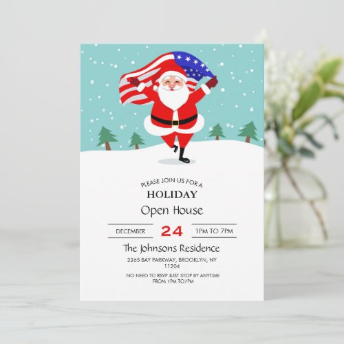 Santa running with american flag                   invitation