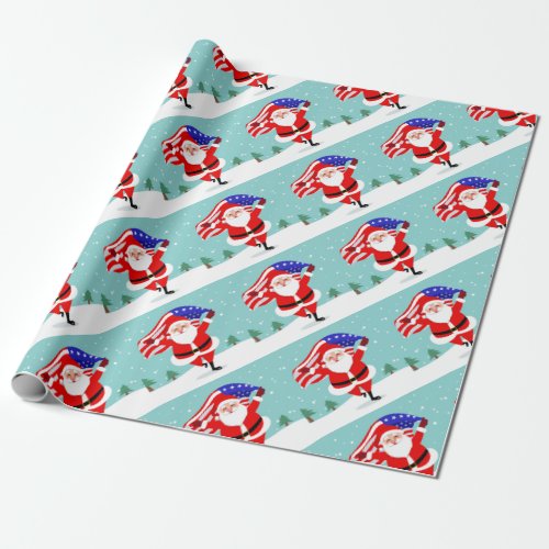 Santa running with american flag wrapping paper