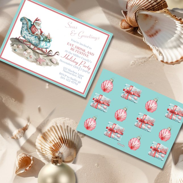 Santa’s Chinoiserie Sleigh on the Beach Invitation (Santa’s Chinoiserie Sleigh on the Beach Invitation-front and back)