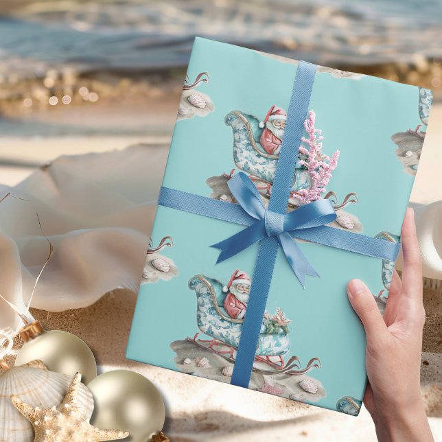Santa’s Chinoiserie Sleigh on the Beach teal Wrapping Paper (Santa’s Chinoiserie Sleigh on the Beach teal Wrapping Paper)