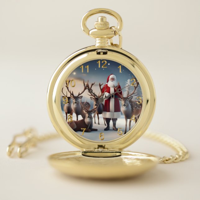 Santa’s Crew: Father Christmas Poses Reindeers Pocket Watch (Inside)