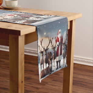 Santa’s Crew: Father Christmas Poses Reindeers Short Table Runner
