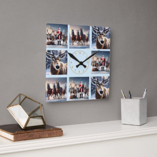 Santa’s Crew: Father Christmas Poses Reindeers Square Wall Clock