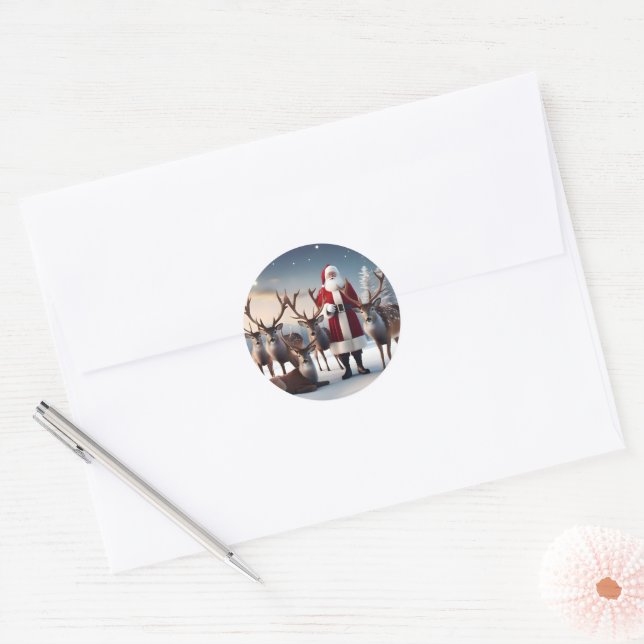 Santa’s Crew:Father Christmas Poses With Reindeers Classic Round Sticker (Envelope)