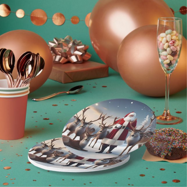 Santa’s Crew:Father Christmas Poses With Reindeers Paper Plates (Multi)
