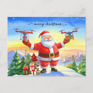 Santa’s Drone Delivery Working on Christmas Holiday Postcard