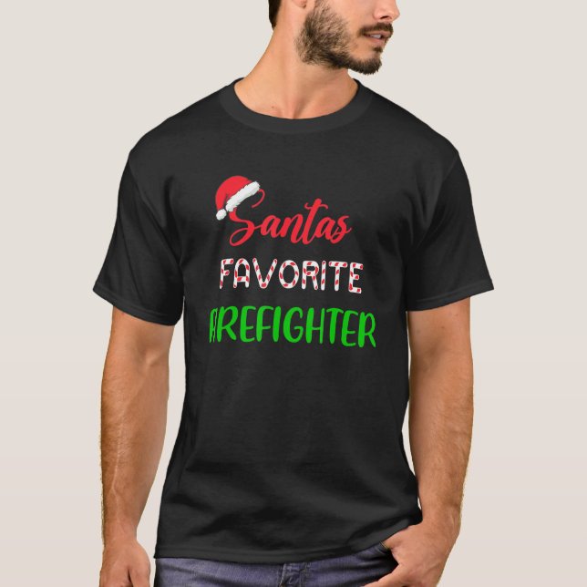 Santa’s favorite Firefighter Pajama Christmas Xmas T-Shirt (Front)