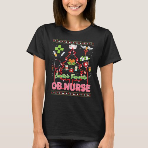 Santa S Favorite Ob Nurse Christmas Tree Stethosco T_Shirt