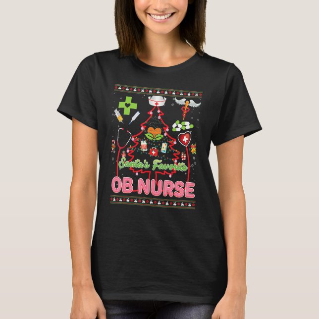 Santa S Favorite Ob Nurse Christmas Tree Stethosco T-Shirt (Front)