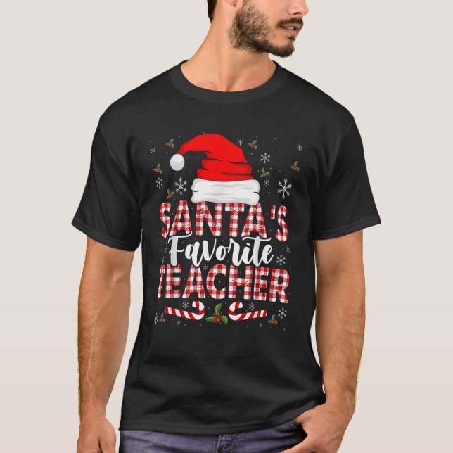 Santa s Favorite Teacher Christmas Santa Hat Candy T-Shirt (Front)