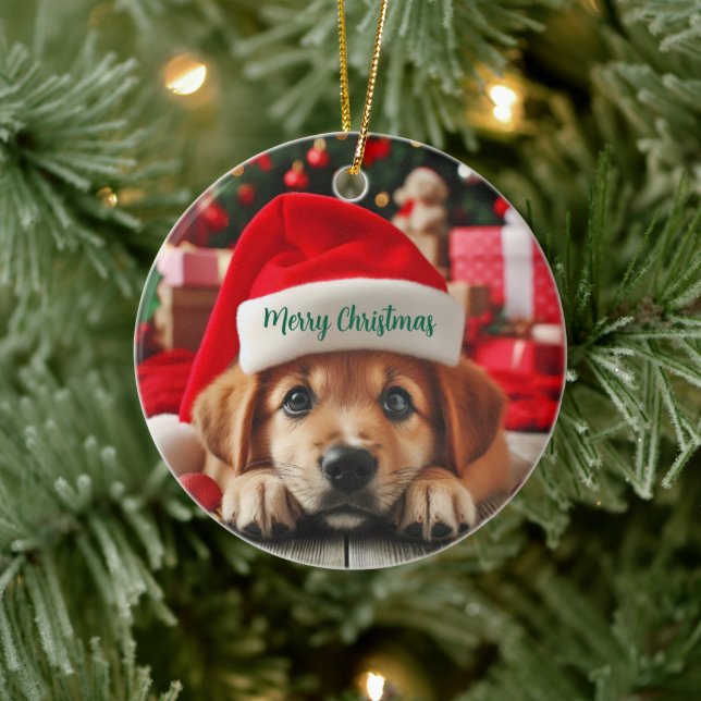 Santa’s Little Helper Puppy Ceramic Ornament (Tree)