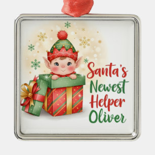 Santa’s Newest Helper Christmas Cute Elf Gift Box Metal Ornament