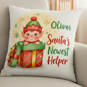 Santa’s Newest Helper Christmas Cute Elf Gift Box Throw Pillow