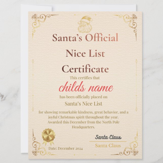 Santa’s Nice List Certificate   Letterhead (Front)