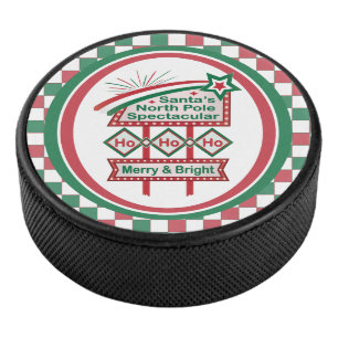 Santa’s Retro Marquee – Ho Ho Ho Merry & Bright Hockey Puck
