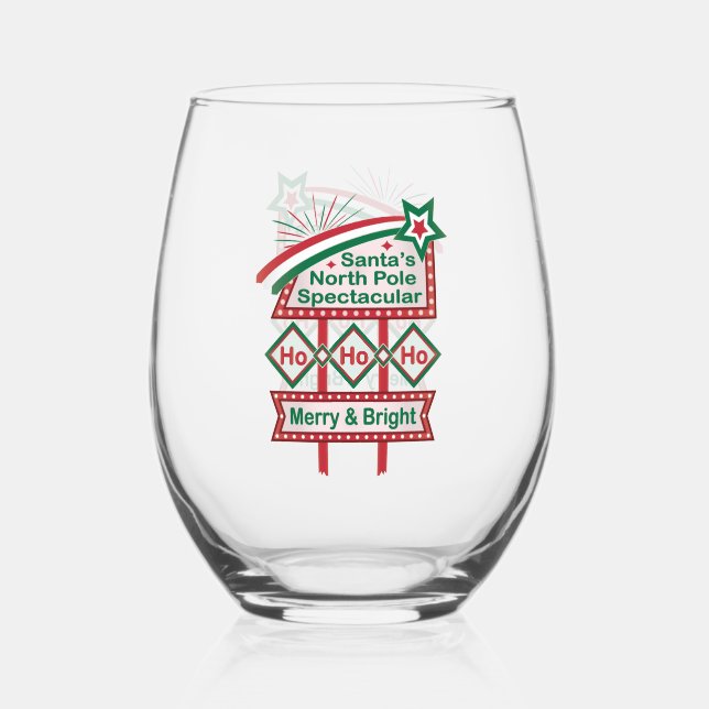 Santa’s Retro Marquee – Ho Ho Ho Merry & Bright Stemless Wine Glass (Front)