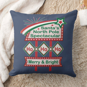 Santa’s Retro Marquee – Ho Ho Ho Merry & Bright Throw Pillow